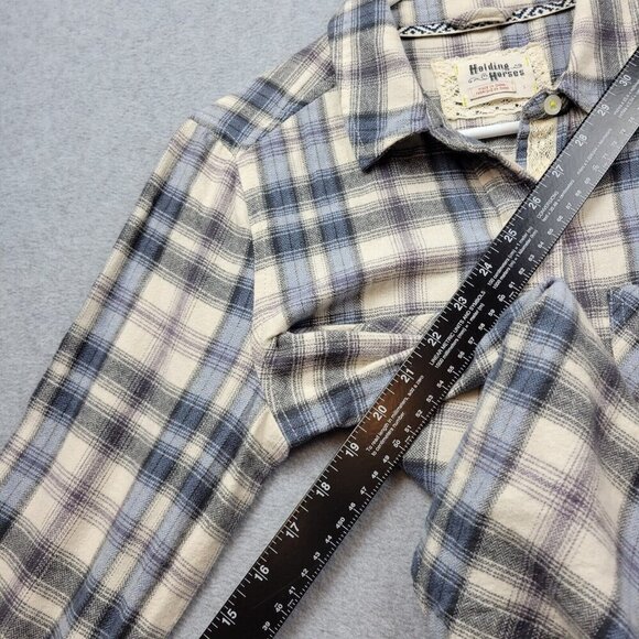 Anthropologie Holding Horses Womens Small Blue Beige Flannel Plaid Sheer Back - Picture 11 of 13
